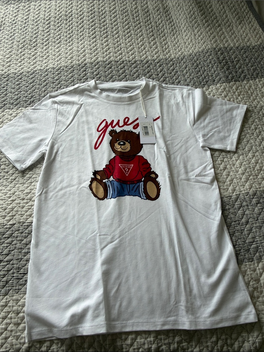 GUESS White Tee with Brown Bear in Red Sweatshirt